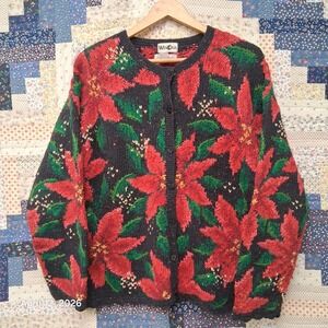 Vintage Winona Knits Beaded Grandma Cardigan Poinsettia Size XL Hand Knitted